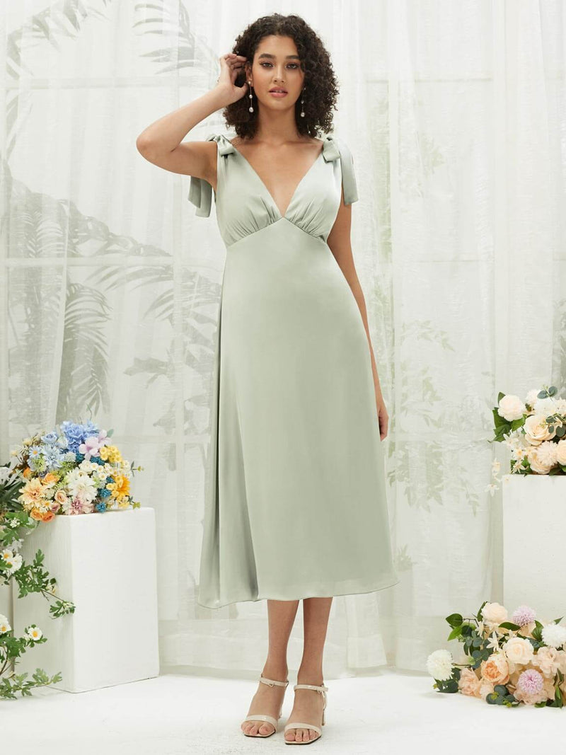 Sage Green V-Neck Detachable Bow Straps V-Neck Silk Satin Convertible Bridesmaid Dress Tea Length Change Color From Swatches / 3X / N22 Sage Green V-Neck Detachable Bow Straps V-Neck Silk Satin Convertible Bridesmaid Dress Tea Length Change Color From Swatches / 3X / N22