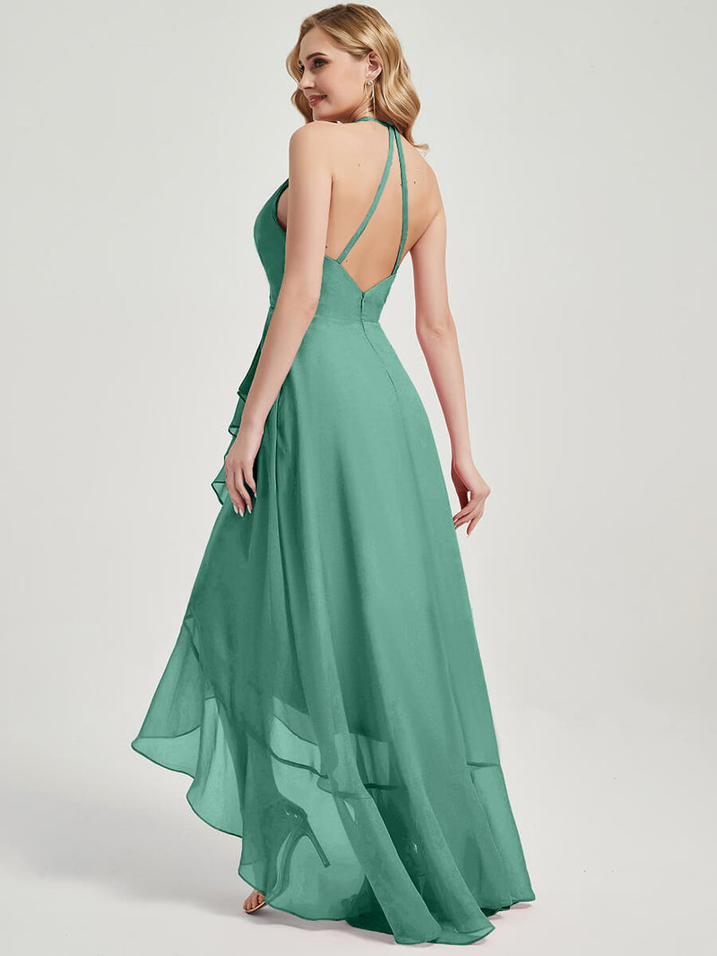 Eucalyptus Halter V-Neck Backless High Low Chiffon Bridesmaid Dress NZ Bridal Eucalyptus Halter V-Neck Backless High Low Chiffon Bridesmaid Dress NZ Bridal