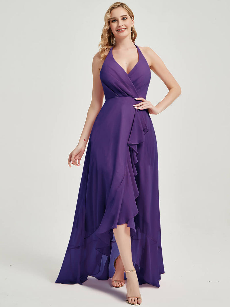Royal Purple V-Neck Backless High Low Chiffon Maxi Bridesmaid Dress Royal Purple V-Neck Backless High Low Chiffon Maxi Bridesmaid Dress