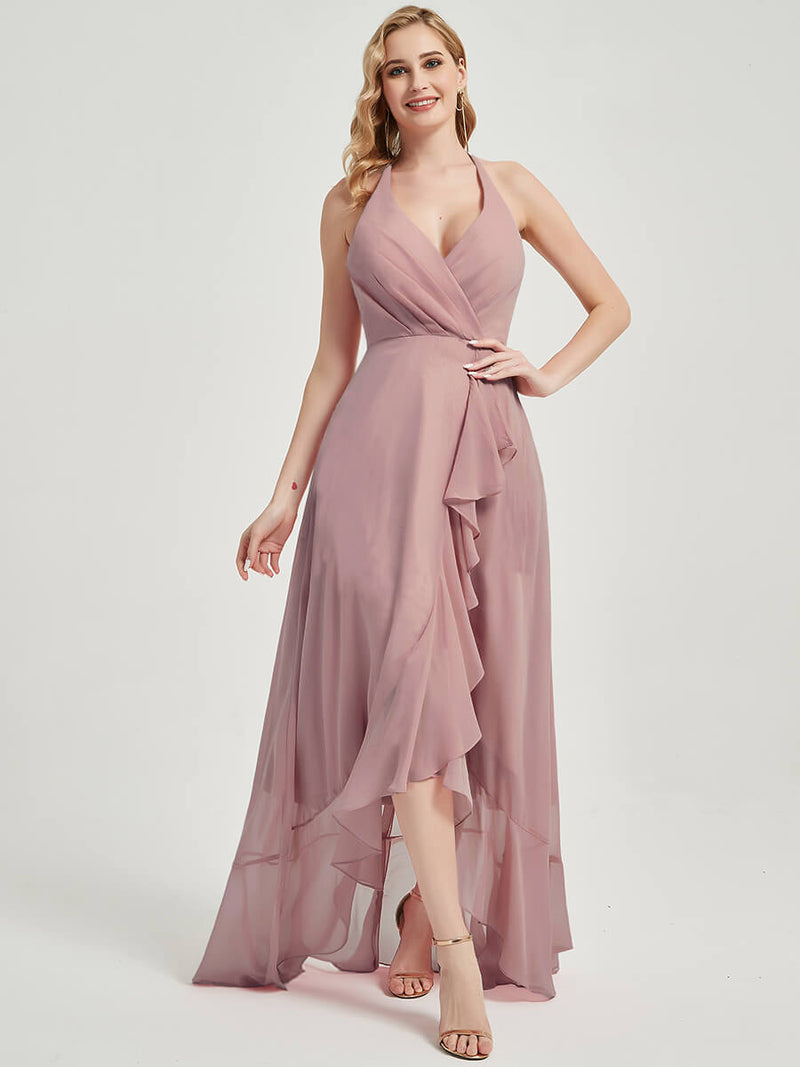 Vintage Mauve Halter Backless High Low Maxi Chiffon Bridesmaid Dress NZ Bridal Vintage Mauve Halter Backless High Low Maxi Chiffon Bridesmaid Dress NZ Bridal