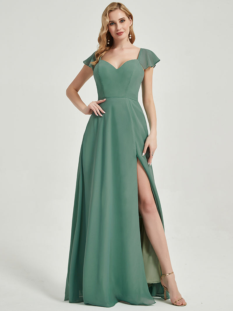 Eucalyptus Ruffle Cap Sleeve Maxi Chiffon Bridesmaid Dress With Slit NZ Bridal Eucalyptus Ruffle Cap Sleeve Maxi Chiffon Bridesmaid Dress With Slit NZ Bridal