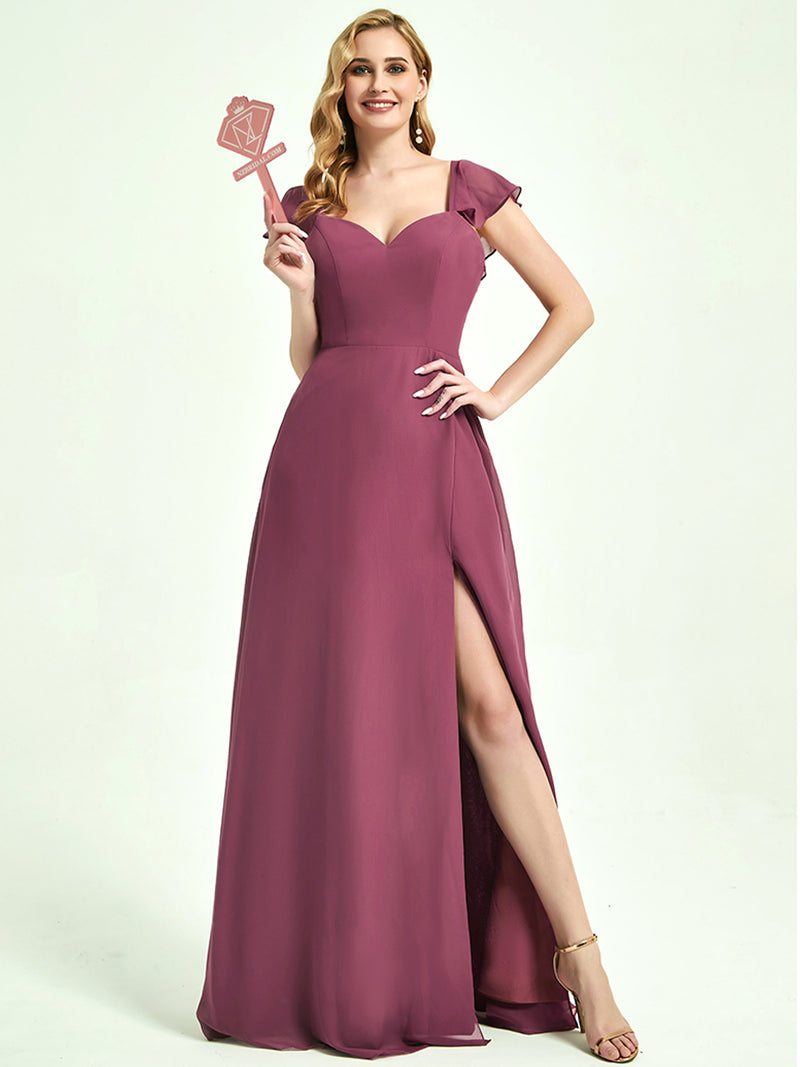 Mulberry Ruffle Sleeve V-Neck Floor Length Bridesmaid Dress With Slit Mulberry / M / N8-10