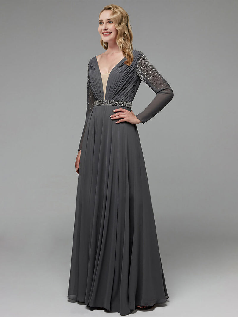 Steel Grey Long Sleeve Chiffon V-Neck Flowy Pleated Empire Prom Dress NZ Bridal Steel Grey Long Sleeve Chiffon V-Neck Flowy Pleated Empire Prom Dress NZ Bridal
