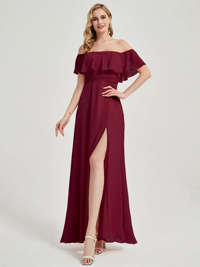 Burgundy Convertible Off Shoulder Slit Chiffon Bridesmaid Maxi Dress Burgundy / L / N14 Burgundy Convertible Off Shoulder Slit Chiffon Bridesmaid Maxi Dress Burgundy / L / N14