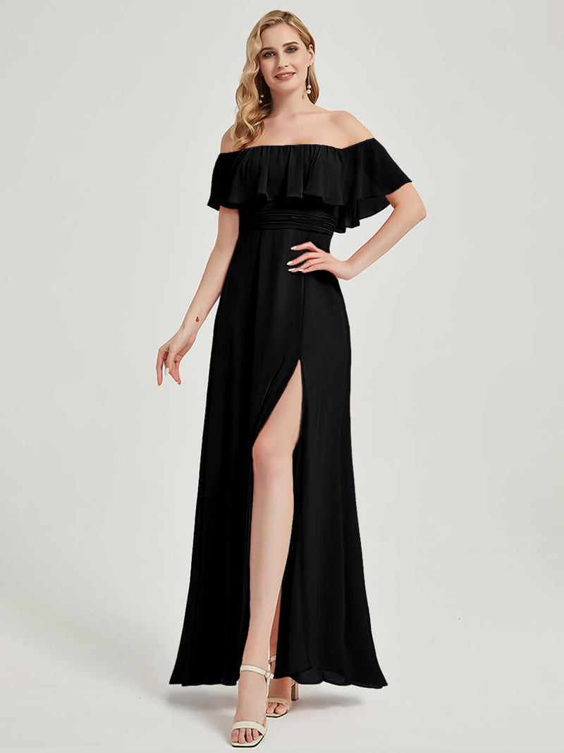 Black Convertible Off Shoulder Chiffon Bridesmaid Maxi Dress With Slit Black / 3X / N26 Black Convertible Off Shoulder Chiffon Bridesmaid Maxi Dress With Slit Black / 3X / N26