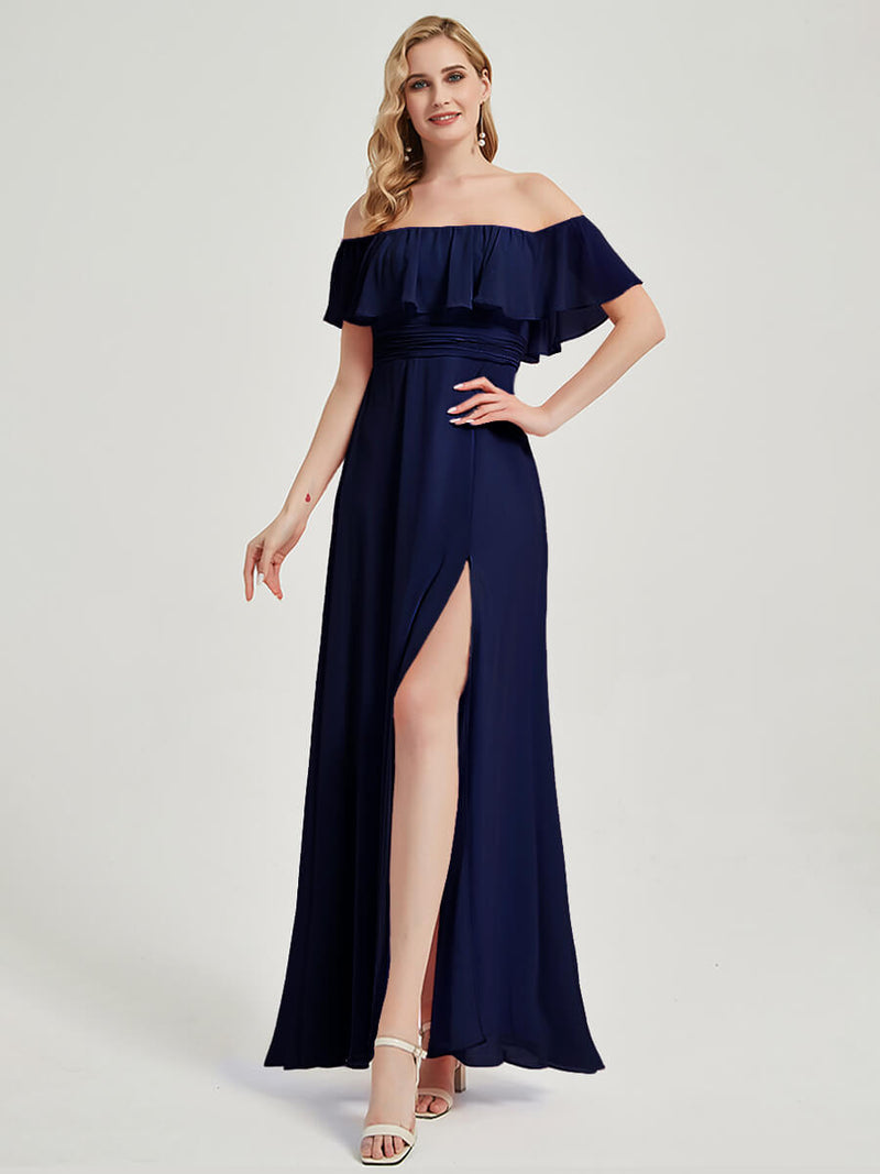Navy Blue Convertible Ruffle Sleeves Chiffon Maxi Bridesmaid Dresses Navy Blue / L / N12 Navy Blue Convertible Ruffle Sleeves Chiffon Maxi Bridesmaid Dresses Navy Blue / L / N12