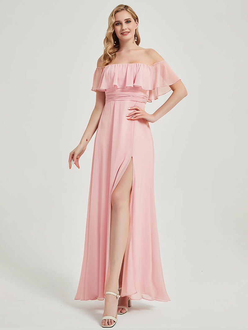Pink Convertible Ruffle Sleeve Chiffon Maxi Bridesmaid Dress With Slit Pink / XL / N16 Pink Convertible Ruffle Sleeve Chiffon Maxi Bridesmaid Dress With Slit Pink / XL / N16