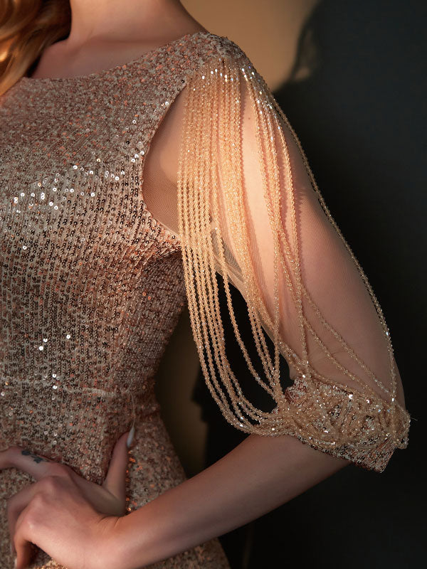 [Final Sale] Champagne Gold Tassel Sleeves Sequin Mermaid Formal Gown