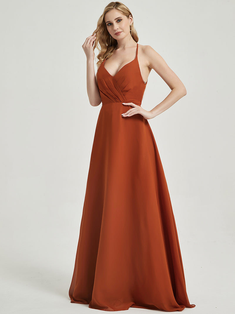 Burnt Orange Pleated Halter V-Neck Backless Chiffon Bridesmaid Dress Change Color From Swatches / XL / N14 Burnt Orange Pleated Halter V-Neck Backless Chiffon Bridesmaid Dress Change Color From Swatches / XL / N14
