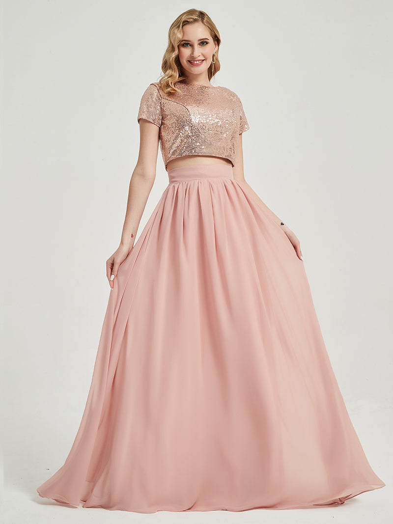 Rose Gold Sequin Top + Dusty Pink Chiffon Separates Rustic Bridesmaid Dress 2 Sets