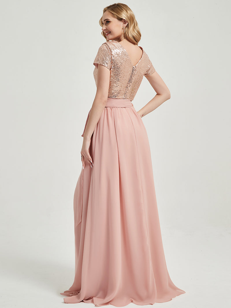 Rose Gold Sequin Top + Dusty Pink Chiffon Separates Rustic Bridesmaid Dress 2 Sets