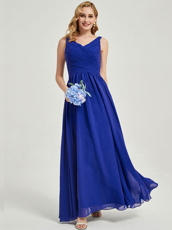Royal Blue Wide Straps Sleeveless V-Neck Pleated Maxi Bridesmaid Dress Royal Blue / XS / N0-2 Royal Blue Wide Straps Sleeveless V-Neck Pleated Maxi Bridesmaid Dress Royal Blue / XS / N0-2