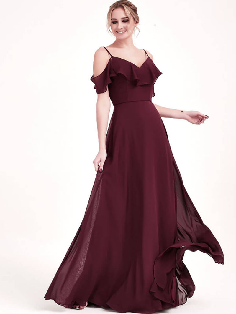 Burgundy 1 Of 3 Convertible Ways Bridesmaid Dress ZOLA Cold-Shoulder Flounced Sleeves Chiffon A-line Gown For Bridesmaid Party Change Color From Burgundy 1 Of 3 Convertible Ways Bridesmaid Dress ZOLA Cold-Shoulder Flounced Sleeves Chiffon A-line Gown For Bridesmaid Party Change Color From