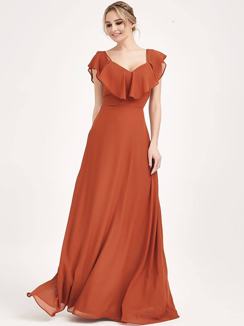 Burnt Orange 1 Of 3 Convertible Ways Bridesmaid Dress ZOLA Cold-Shoulder Flounced Sleeves Chiffon A-line Gown For Bridesmaid Party NZ Bridal Burnt Orange 1 Of 3 Convertible Ways Bridesmaid Dress ZOLA Cold-Shoulder Flounced Sleeves Chiffon A-line Gown For Bridesmaid Party NZ Bridal