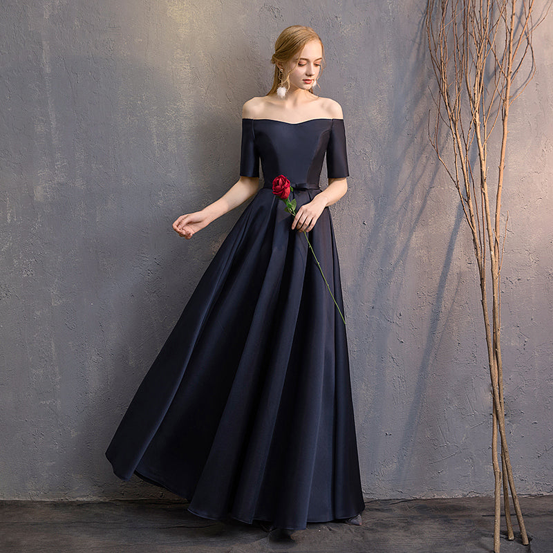 Off the Shoulder Half Sleeves Satin Navy Blue Bridesmaid Dresses