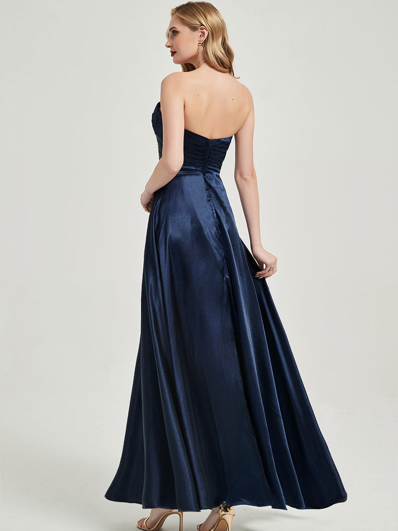 Navy Blue Satin Sweetheart Strapless Maxi Pleated Bridesmaid Dress Navy Blue / Custom Size Navy Blue Satin Sweetheart Strapless Maxi Pleated Bridesmaid Dress Navy Blue / Custom Size