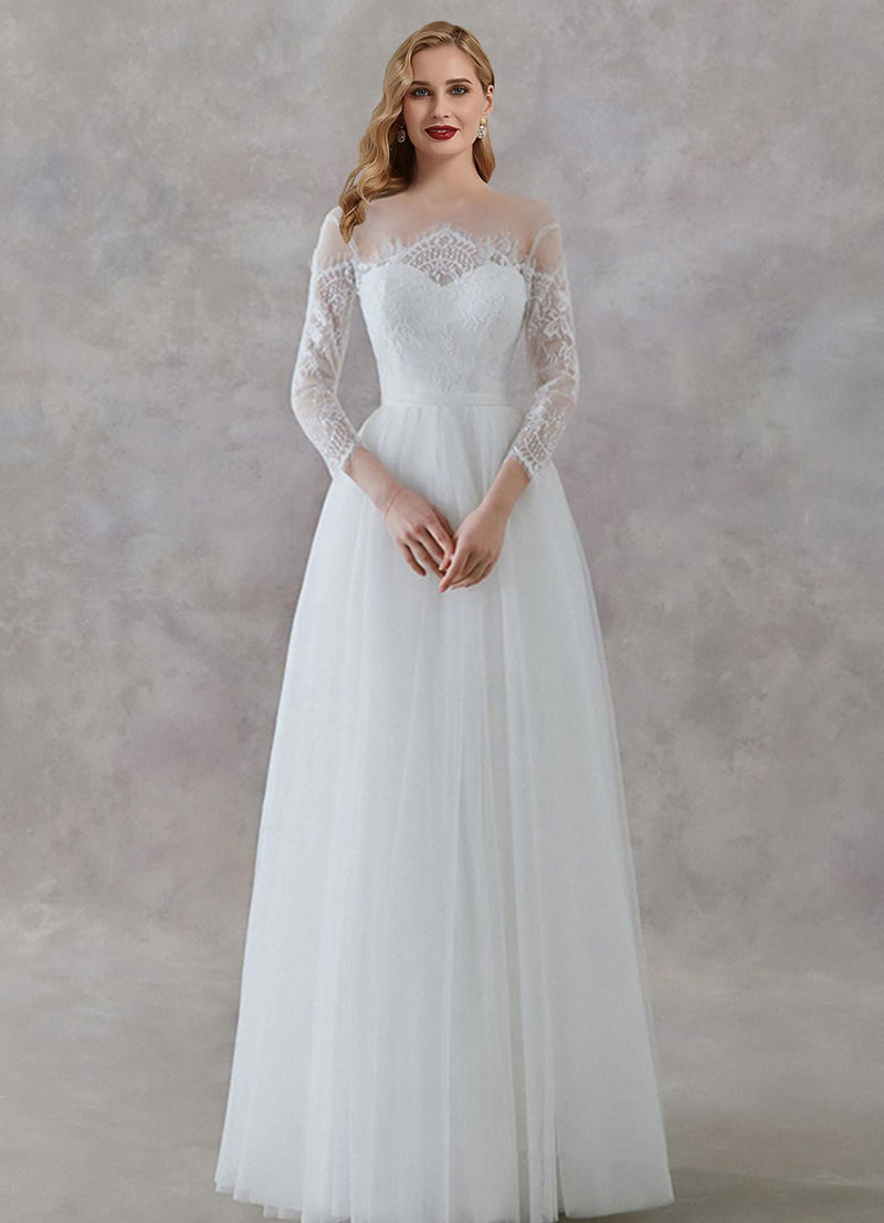 long sleeve wedding dress nz AW Eveleen Wedding Dress, Satin Floor Length V-Neck Wedding Dresses
