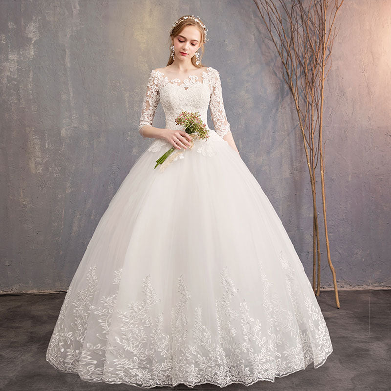 Lace Flower Sheer Sleeves Elegant Wedding Gown