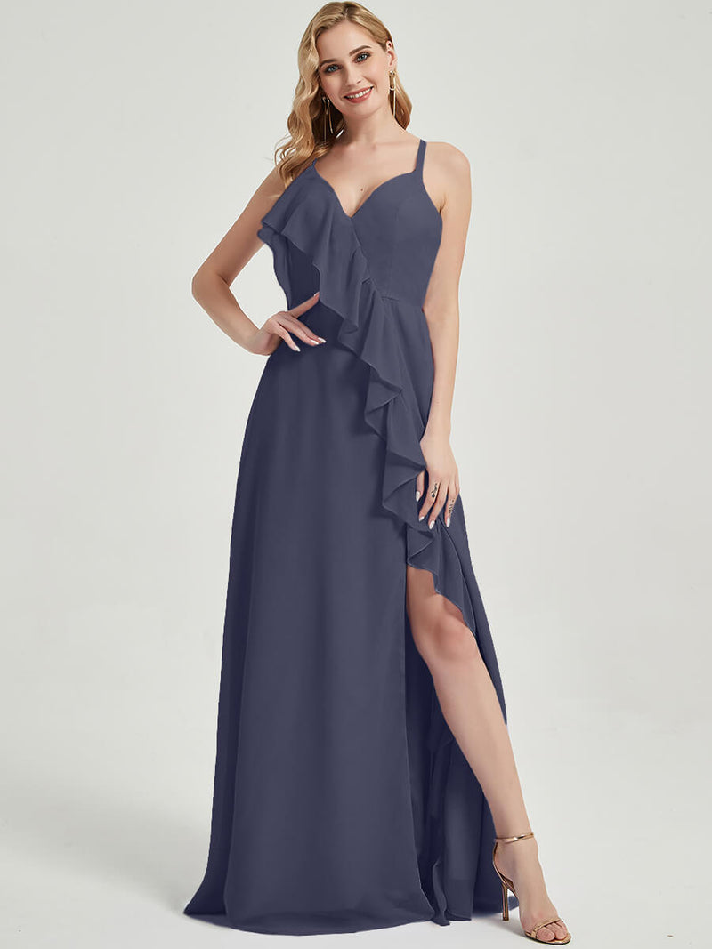 Criss-Cross Straps Ruffles Slit Chiffon Maxi Bridesmaid Dress Stormy Stormy / L / N12 Criss-Cross Straps Ruffles Slit Chiffon Maxi Bridesmaid Dress Stormy Stormy / L / N12