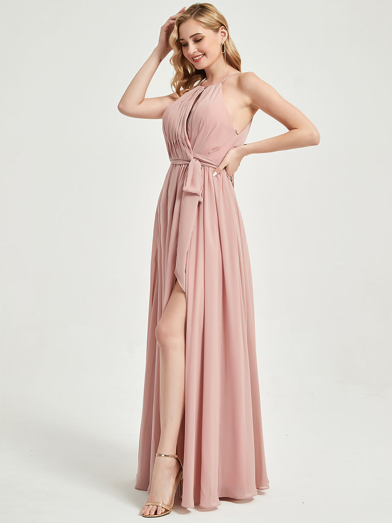 Halter Neck Slit Wrap Dusty Pink Chiffon Bridesmaid Dress Floor Length NZ Bridal Halter Neck Slit Wrap Dusty Pink Chiffon Bridesmaid Dress Floor Length NZ Bridal