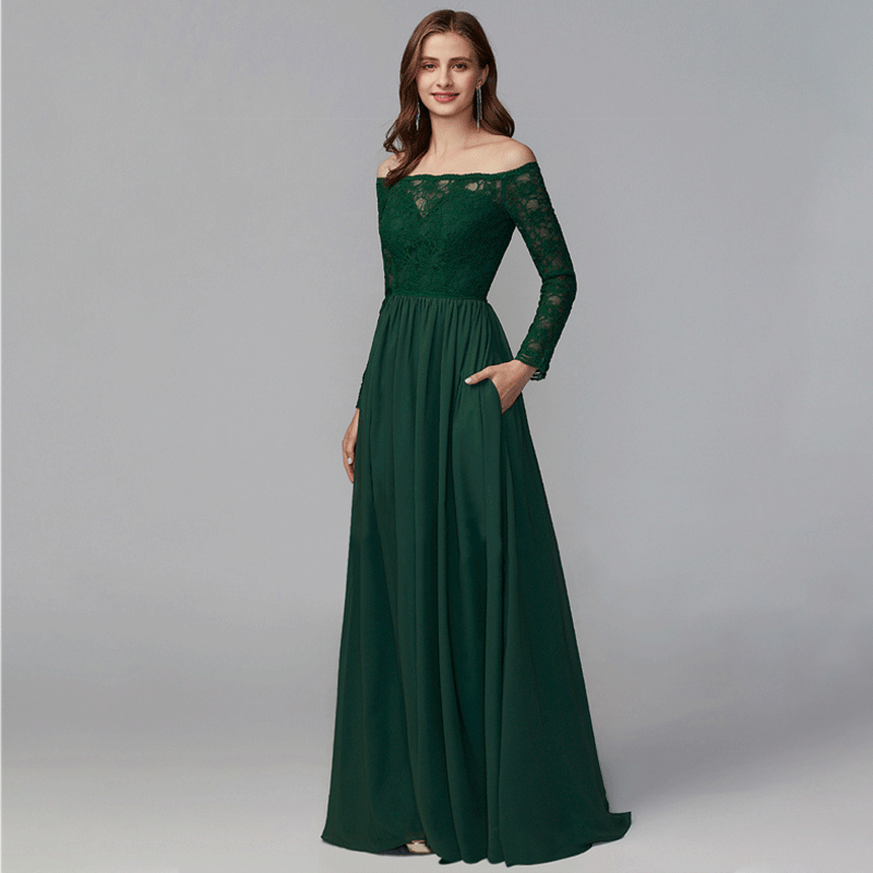 NZ Bridal Dark Green Off The Shoulder Plus Size Lace Long Sleeves Chiffon Evening Dresses