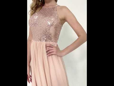 Dusty Pink A-Line Halter Neck Sequin Chiffon Maxi Bridesmaid Dress NZ Bridal Dusty Pink A-Line Halter Neck Sequin Chiffon Maxi Bridesmaid Dress NZ Bridal