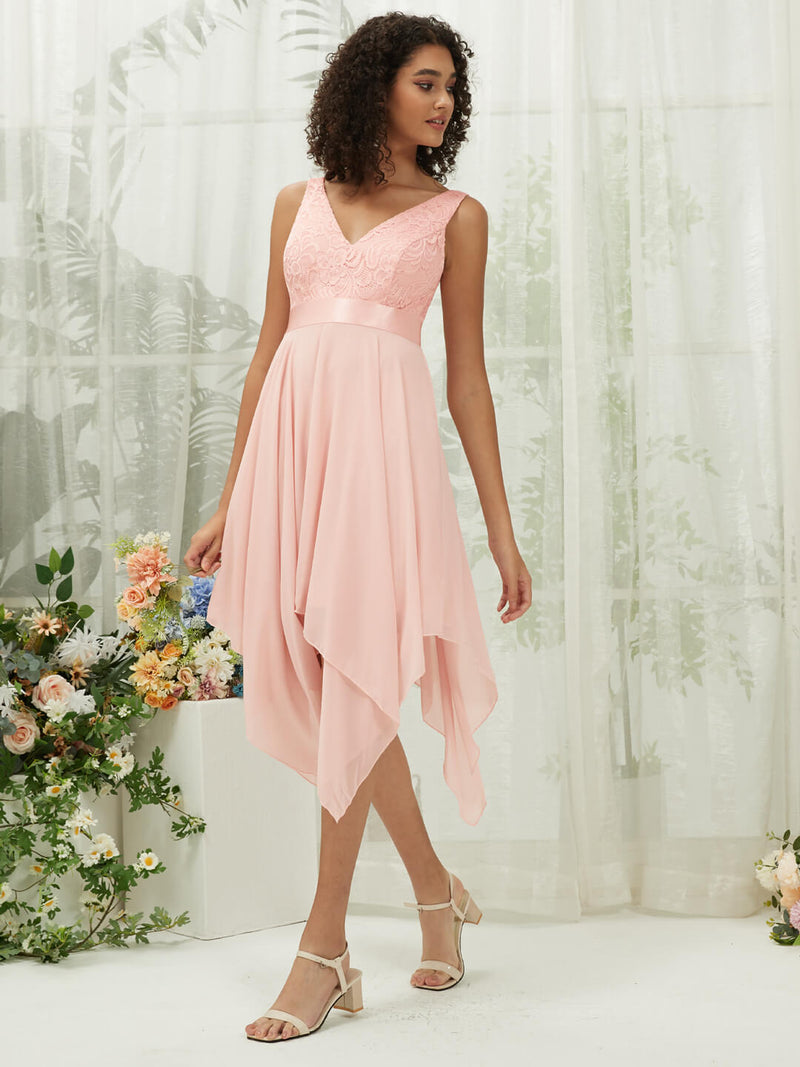 Lace Chiffon V Neck Sleeveless Irregular Hemline Midi Length Empire Bridesmaid Dress Evie for Women from NZ Bridal