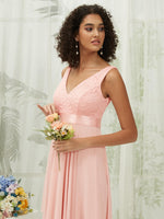 Lace Chiffon V Neck Sleeveless Irregular Hemline Midi Length Empire Bridesmaid Dress for Women from NZ Bridal