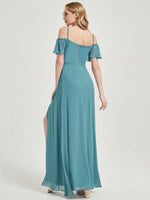 Dusty Blue Deep V Neckline Split Bridesmaid Dress-Sue