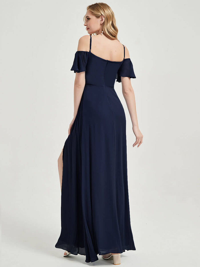 Navy Blue Deep V Neckline Split Bridesmaid Dress-Sue