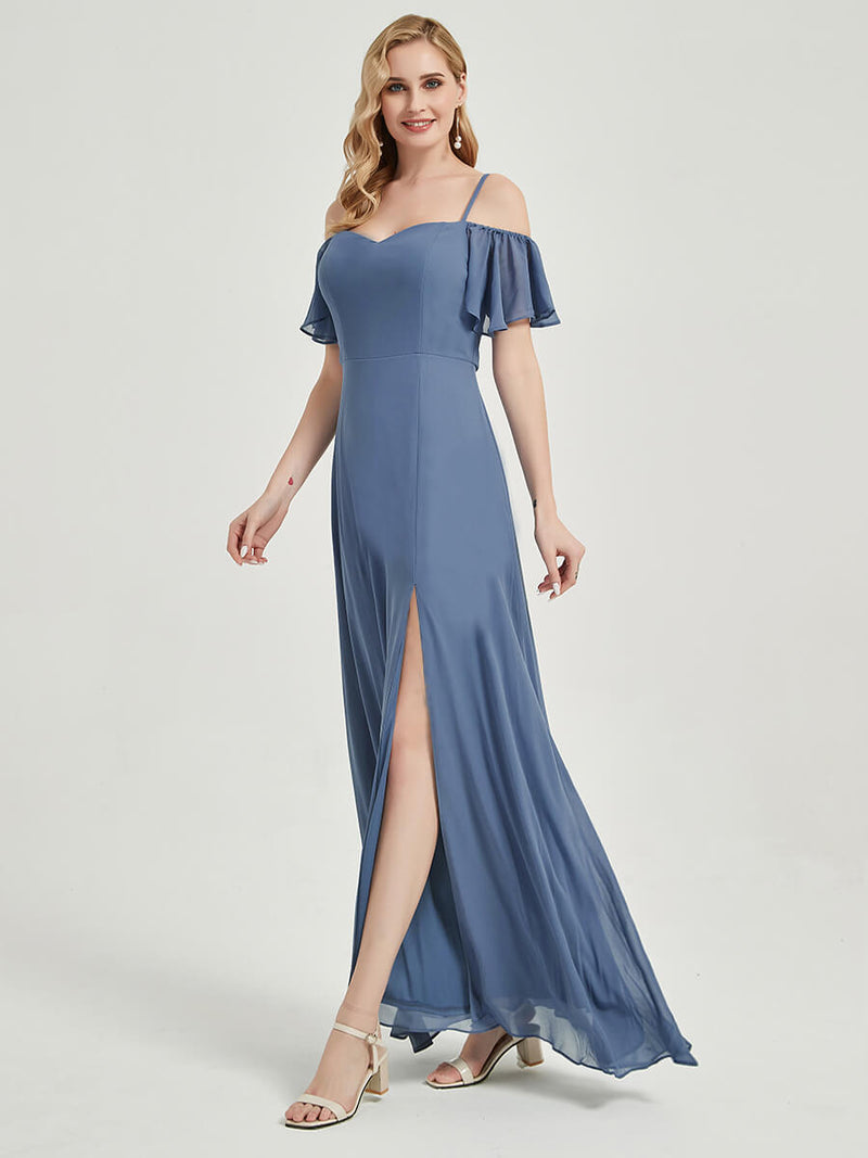 Slate Blue Short Flare Sleeves Deep V Neckline Split Bridesmaid Dress
