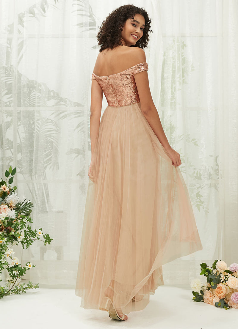 Champagne Gold Sequin Tulle Off-Shoulder Maxi Flowy Bridesmaid Dress