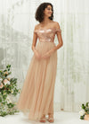 Champagne Gold Sequin Tulle Off-Shoulder Maxi Flowy Bridesmaid Dress