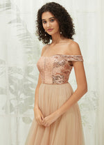 Champagne Gold Sequin Tulle Off-Shoulder Maxi Flowy Bridesmaid Dress