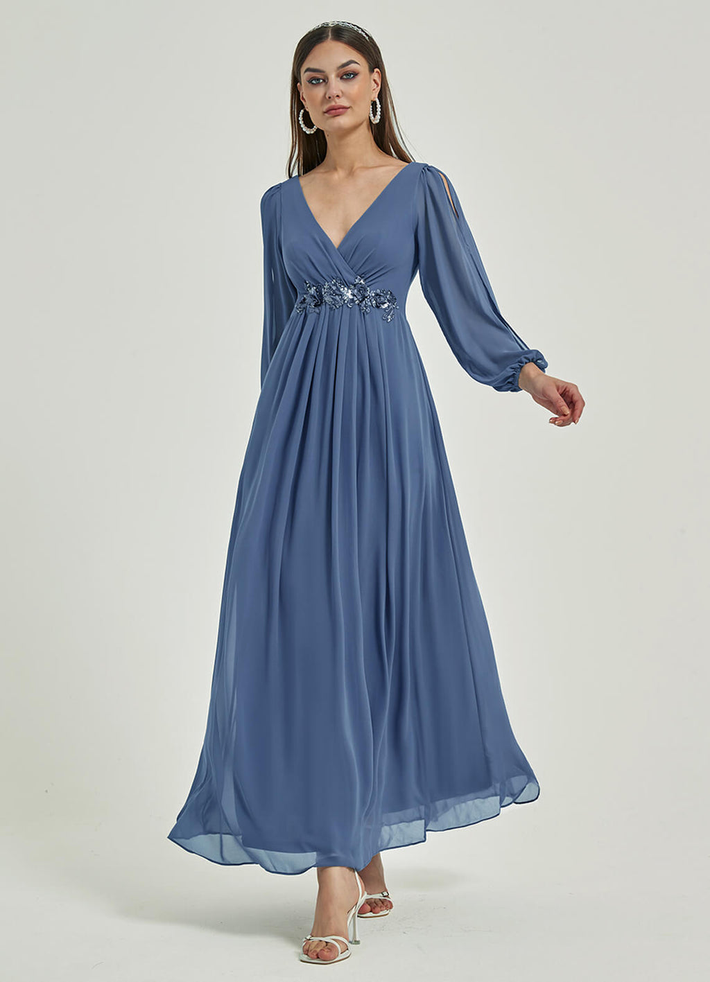 Elegant Slate Blue V Neck Chiffon Empire Long Slit Sleeve Pleated Flowy Formal Dress with Flowers Liv
