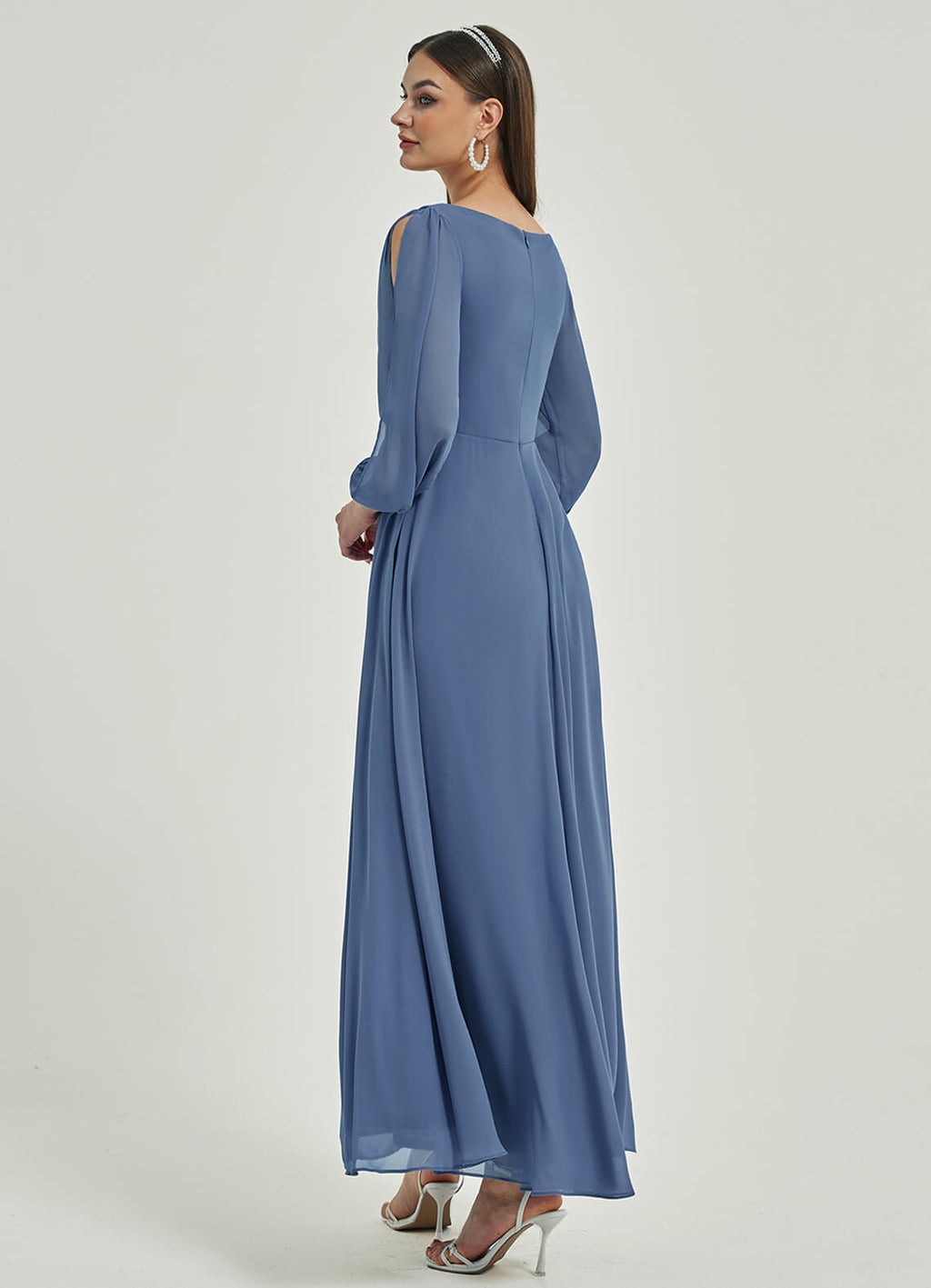 Elegant Slate Blue V Neck Chiffon Empire Long Slit Sleeve Pleated Flowy Formal Dress with Flowers Liv