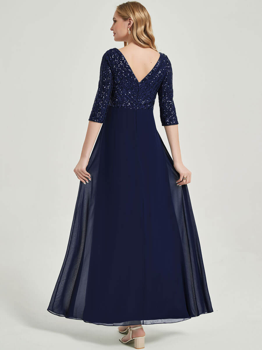 Navy Blue Sleeves Sequined Formal Dress-Lowa