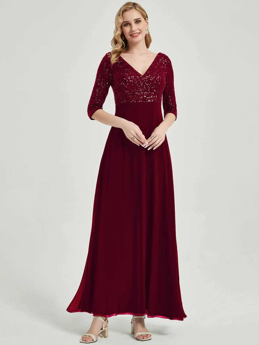 Burgundy Wine Sleeves Sequined Formal Dress-Lowa