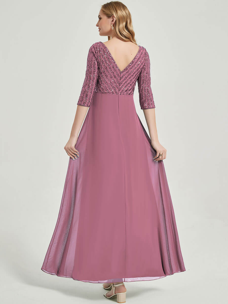 Dusty Rose Sleeves Sequined Formal Dress-Lowa