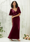Burgundy Velvet V Neck Ruffle Sleeve Empire Winter Bridesmaid Dress Wren For Women