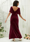 Burgundy Velvet V Neck Ruffle Sleeve Empire Winter Bridesmaid Dress Wren for Women