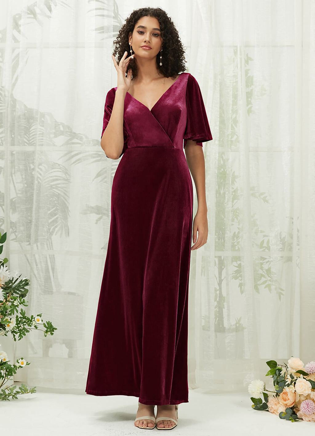 Burgundy Velvet V Neck Ruffle Sleeve Empire Winter Bridesmaid Dress Wren