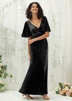 Black Velvet V Neck Ruffle Sleeve Empire Winter Bridesmaid Gown Floor Length Dress Wren