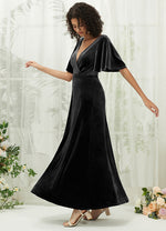Velvet V Neck Ruffle Sleeve Empire Winter Bridesmaid Gown Black Floor Length Dress Wren