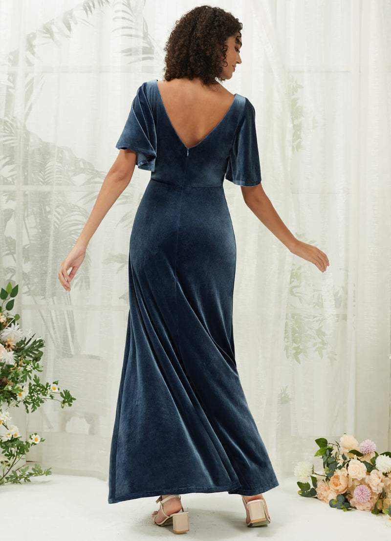 Slate Blue Velvet V Neck Ruffle Sleeve Empire Winter Floor Length  Bridesmaid Dress-Wren