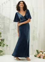 Slate Blue Velvet V Neck Ruffle Sleeve Empire Winter Bridesmaid Gown Floor Length Dress Wren