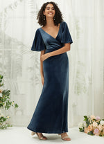Slate Blue Velvet V Neck Ruffle Sleeve Empire Winter Bridesmaid Gown Floor Length Dress Wren