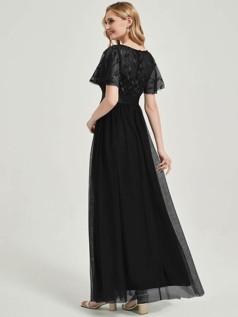 Black Sequined Pattern A Line Tulle Formal Evening Dress Prom Gown