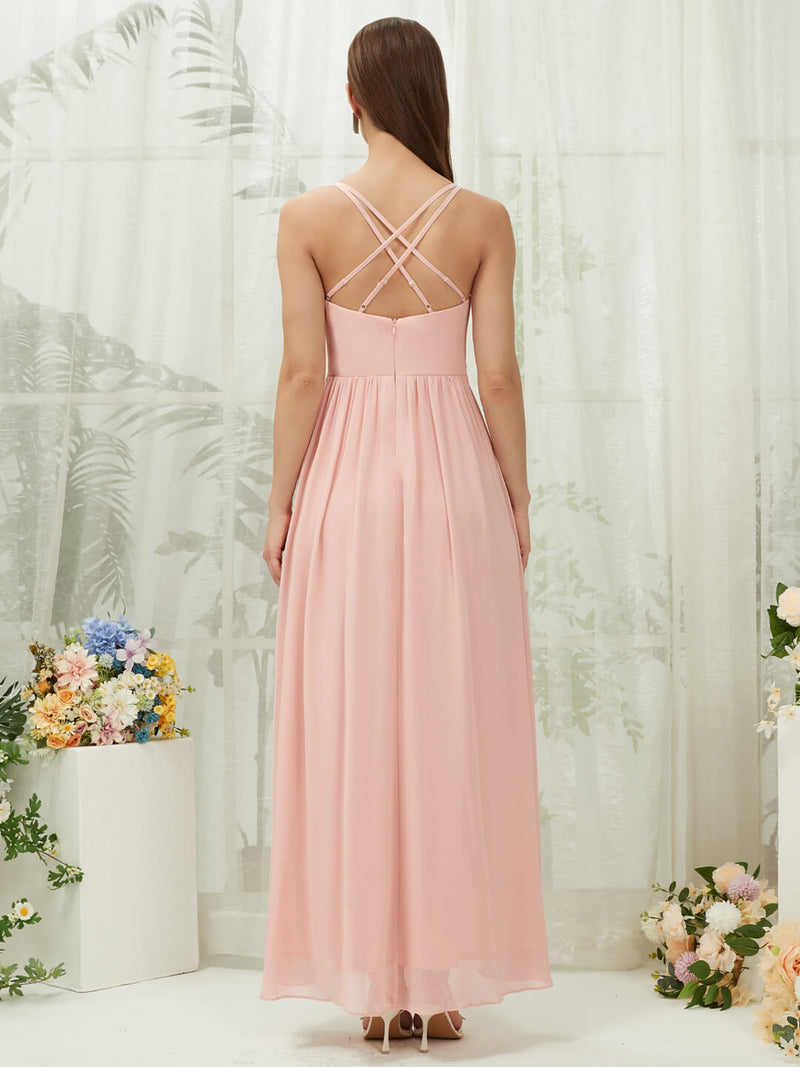 Chiffon Slit High Low Sweetheart Straps Pleated Flowy Bridesmaid Dress for Women Esme