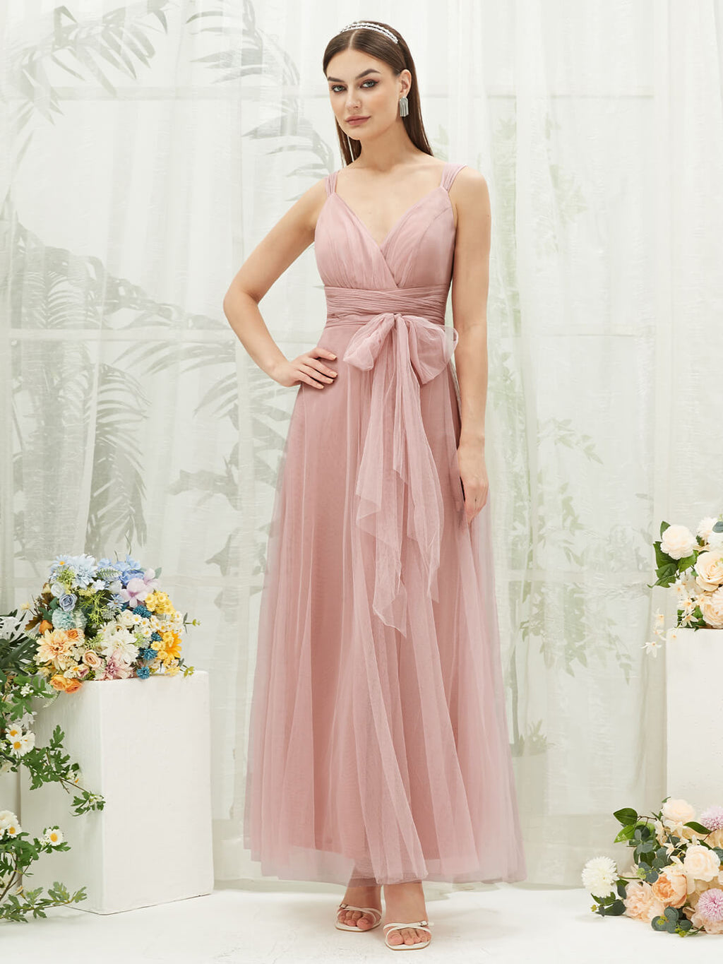 Tulle Sleeveless Straps Floor Length Flowy Wrap Bridesmaid Dress Yedda